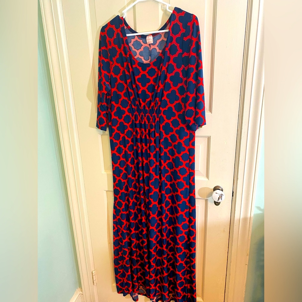 Flirty Pink 2x Red Navy Maxi Long Sleeve dress